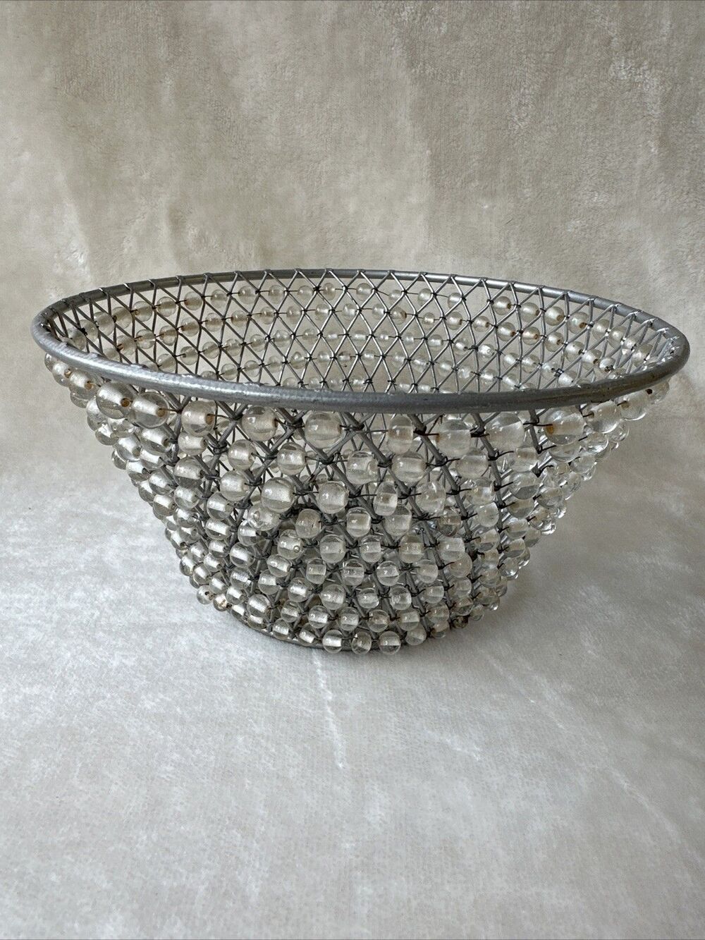 Mid Century Metal Wire Woven Clear Glass Beaded Basket Vintage From India